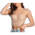 Frauen Sexy Mesh Perlen Tops Damen Mode Pailletten Blase Ärmeln Top T-Shirt Sommer Casual Pullover Tops für Weibliche 2025, Neue