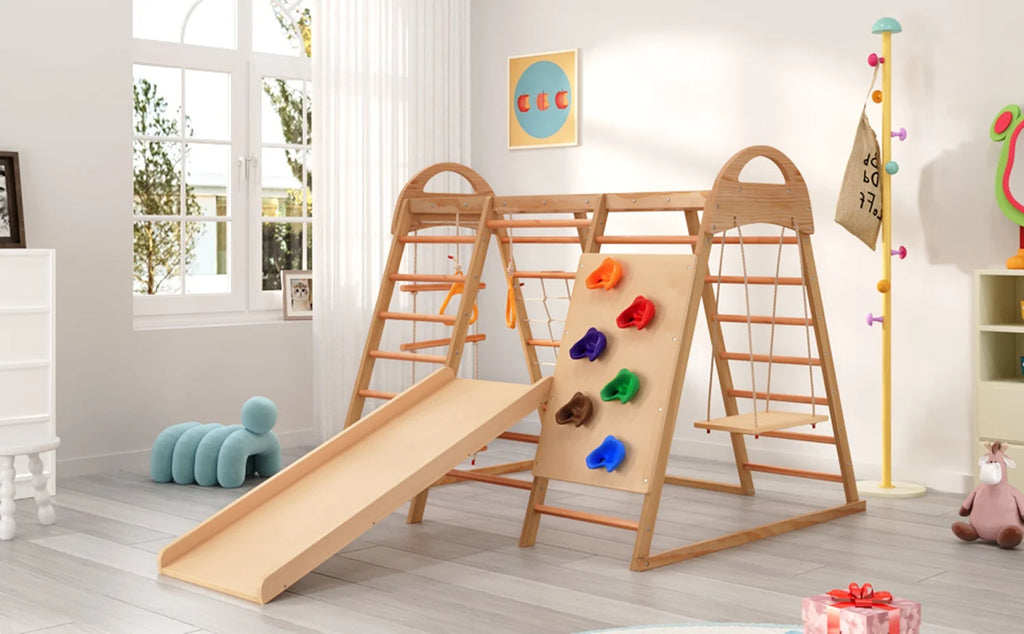 7-in-1 Multifunktionales Klettergerüst aus Holz mit Rutsche und Schaukel, Kletterleiter/Netz/Steinen, Indoor-Spielplatzspielzeug für Kinder ab 3 Jahren
