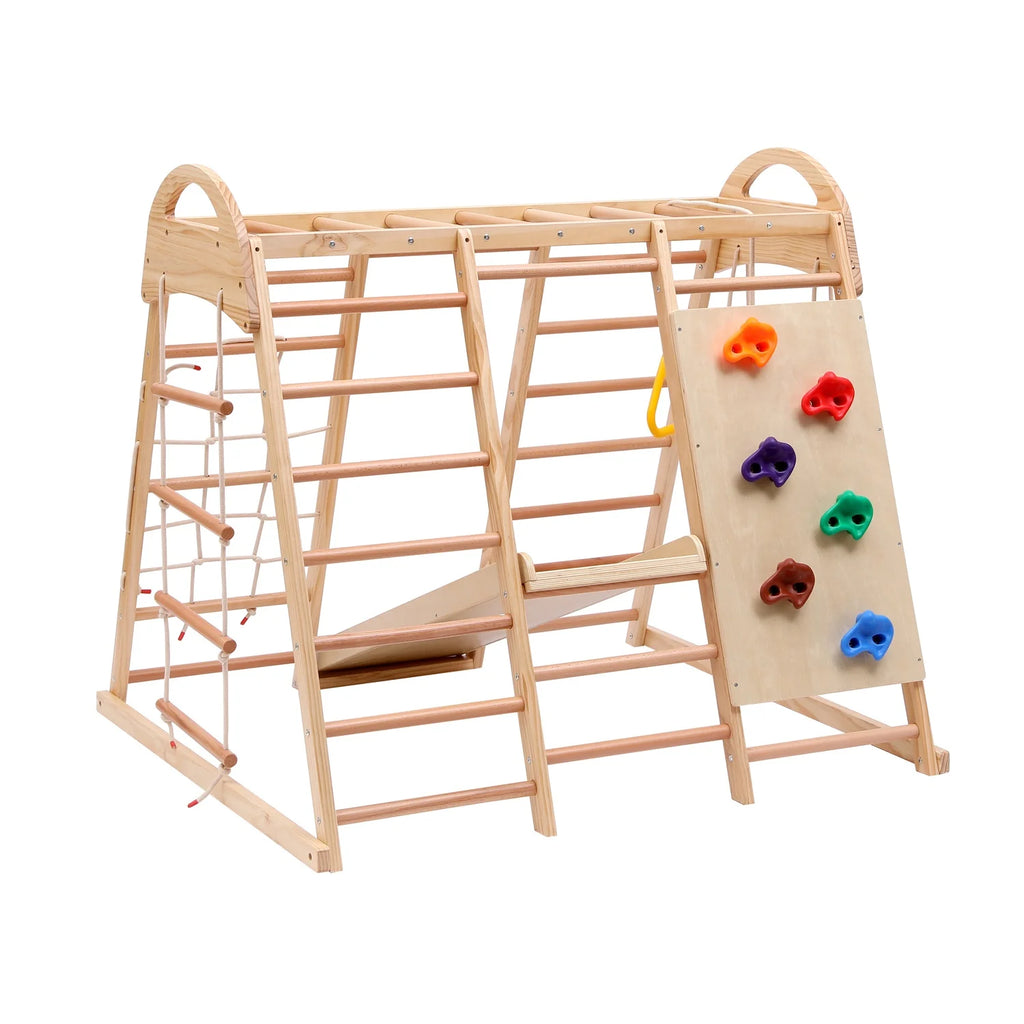 7-in-1 Multifunktionales Klettergerüst aus Holz mit Rutsche und Schaukel, Kletterleiter/Netz/Steinen, Indoor-Spielplatzspielzeug für Kinder ab 3 Jahren