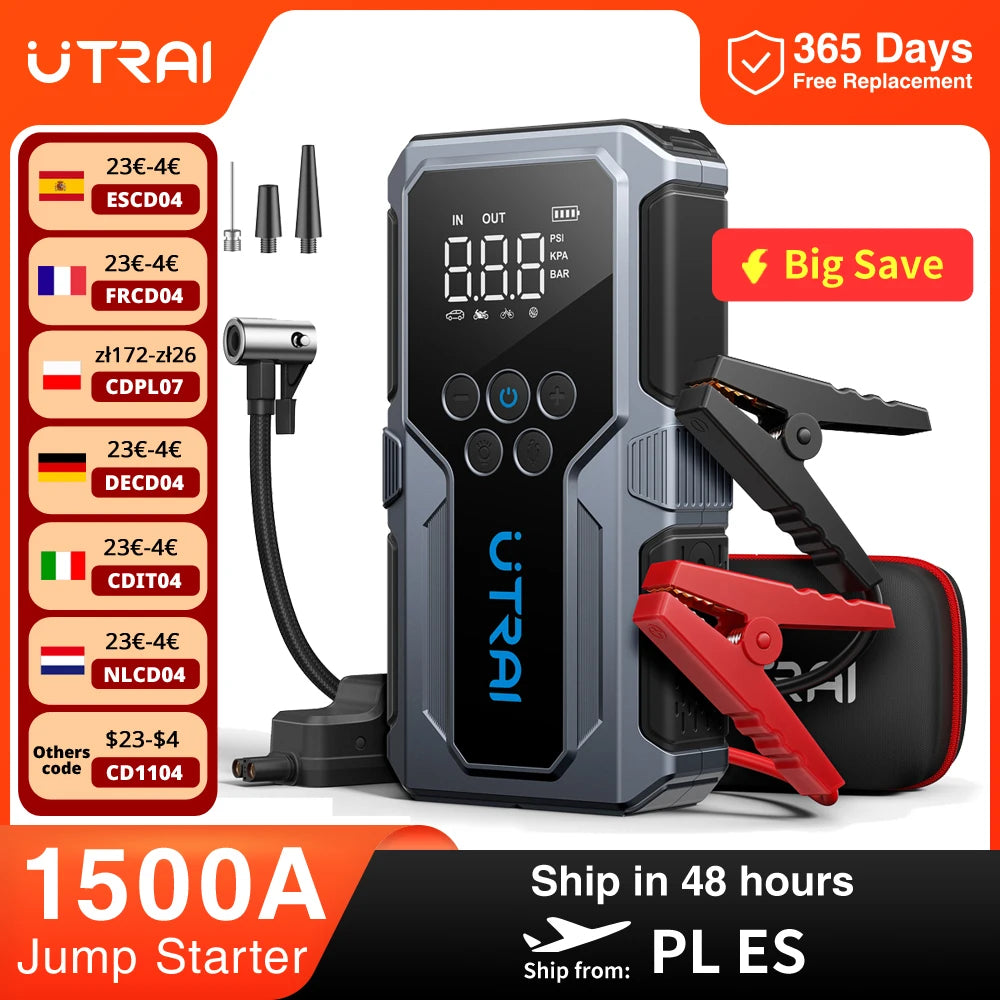 UTRAI 1500A Auto Starthilfe Power Bank Tragbare 150PSI Luftpumpe Auto Batterie Notfall Booster Start Gerät Auto Starter 2024