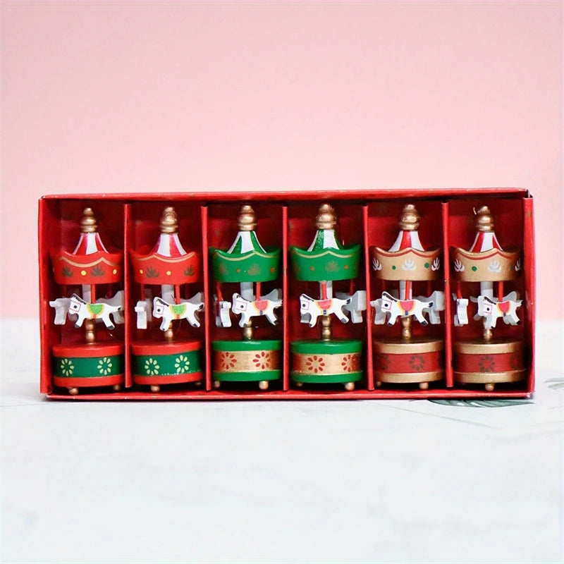 6Pcs Holz Karussell Pferd Hängen Ornamente Für Weihnachten Baum Dekor Frohe Gehen Runde Anhänger Home Party Festival Dekoration