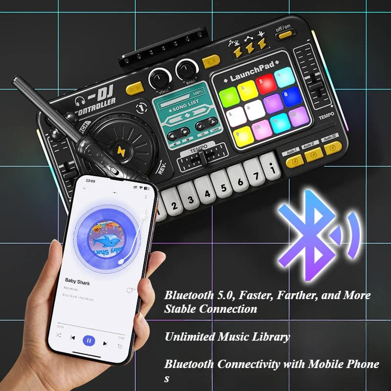 CONUSEA Kinder DJ-Mixer Controller – Bluetooth, Mikrofon, LED-Beleuchtung, Lernspielzeug | CE-Zertifiziert