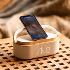 Digitales Weckerradio mit Bluetooth-Lautsprecher, 15 W kabelloses Ladegerät, zwei kabellosen Lautsprecher, einstellbarer lauter Alarmton