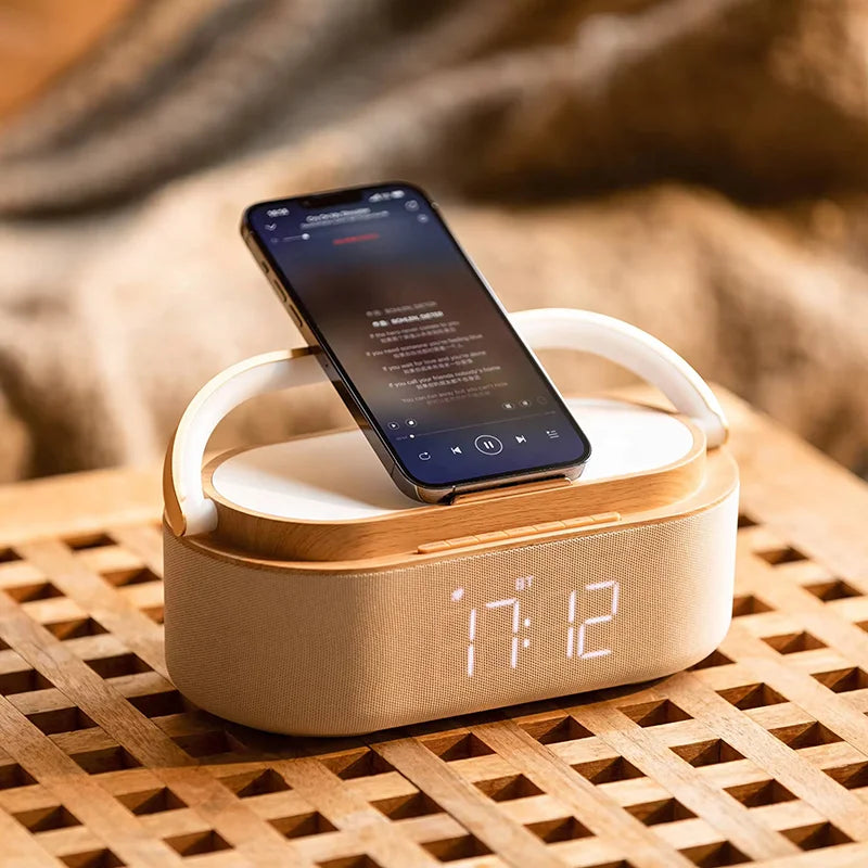 Digitales Weckerradio mit Bluetooth-Lautsprecher, 15 W kabelloses Ladegerät, zwei kabellosen Lautsprecher, einstellbarer lauter Alarmton