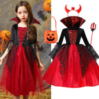 Halloween Kostüm Mädchen – Vampir-Teufel-Prinzessin, Schwarz-Rotes Tüllkleid mit Zubehör