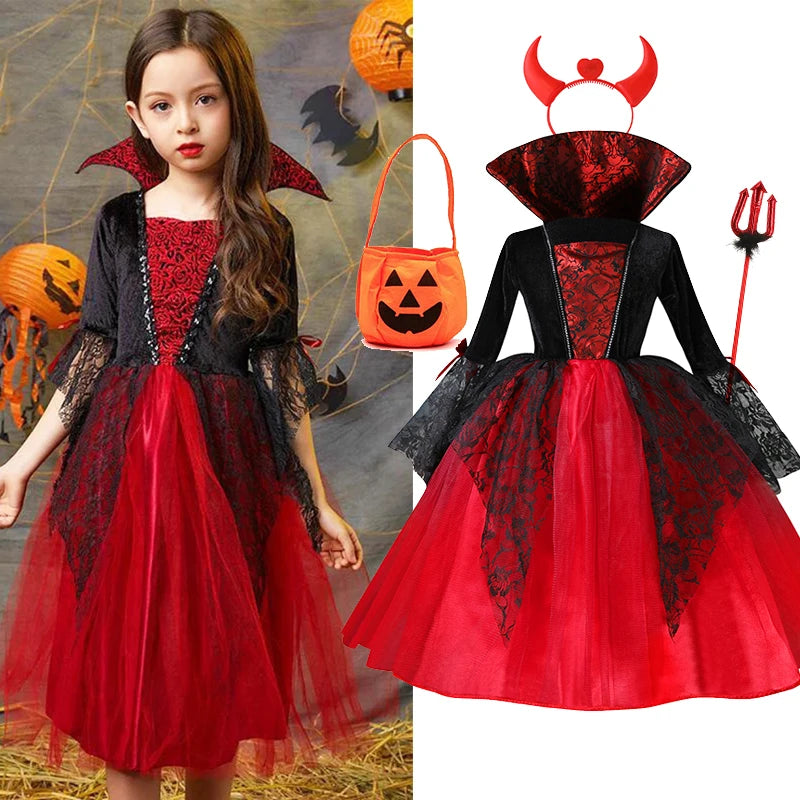 Halloween Kostüm Mädchen – Vampir-Teufel-Prinzessin, Schwarz-Rotes Tüllkleid mit Zubehör