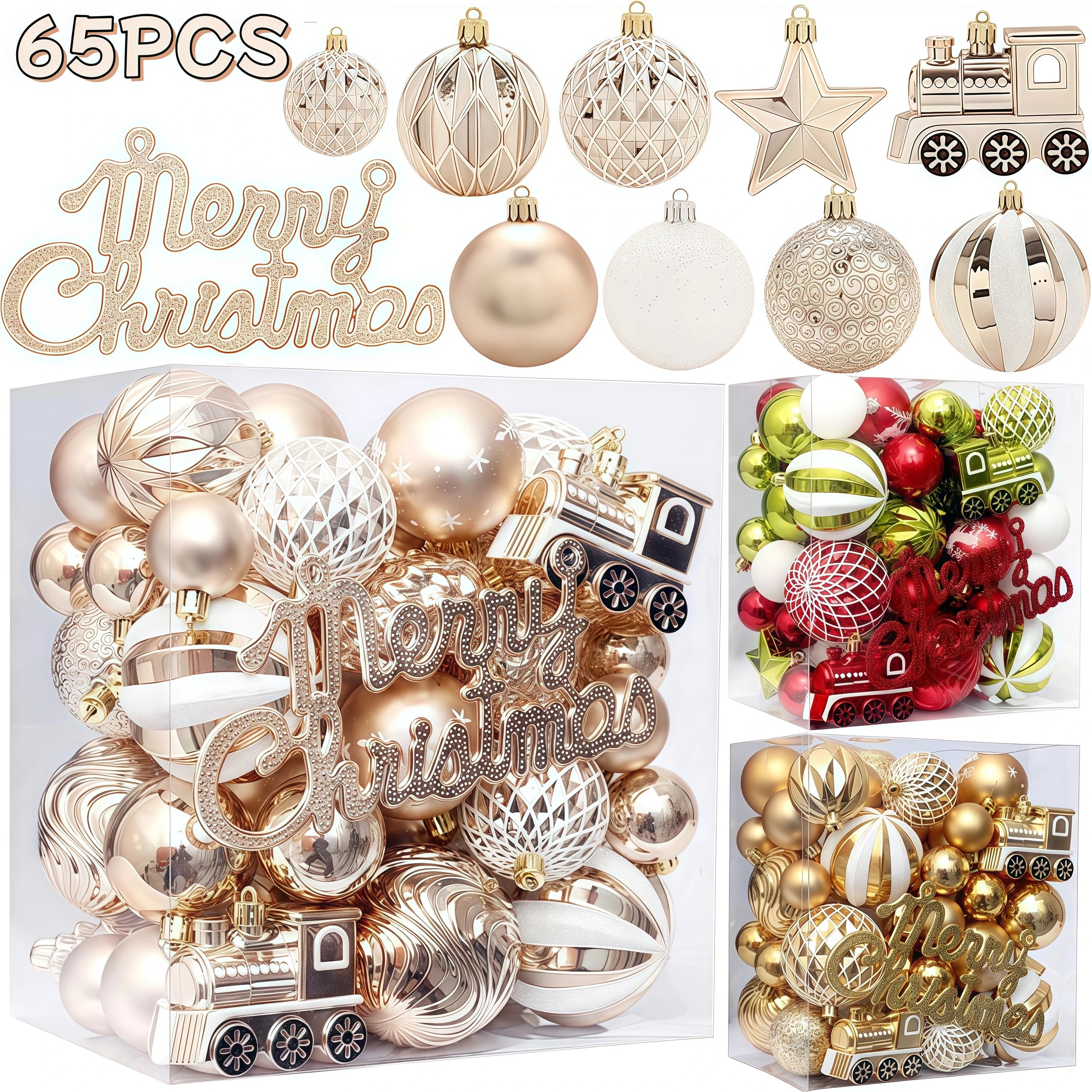 65PCS Champagner Gold Weihnachten Ball Dekorationen Matt Glänzend Wasser Welligkeit Design Weihnachten Kugeln Weihnachten Baum Ornamente Wohnkultur