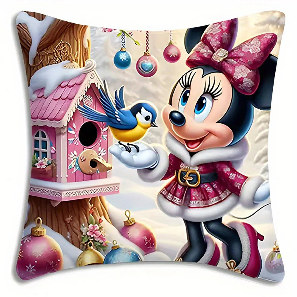 Dreiteiliger Weihnachtskissenbezug von Disney Mickey Minnie, bemalt mit glücklichen Szenen wie Schneehütte, Mickey Minnie und Weihnachtsmann
