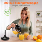 Aigostar elektrische Zitrus presse 40 Watt 700 ml, Zitrus presse mit Tropf auslauf, 2 austauschbare Zapfen. Bpa frei