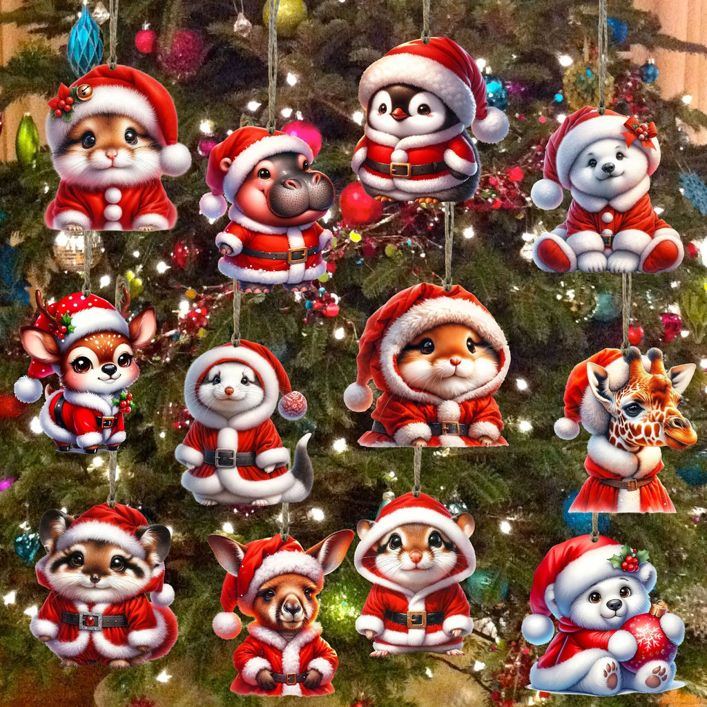 12 Stück Weihnachtsschmuck aus Holz, handgefertigte Weihnachtsmann-Tierbaumschmuck, hängende Charms für Weihnachtsferien