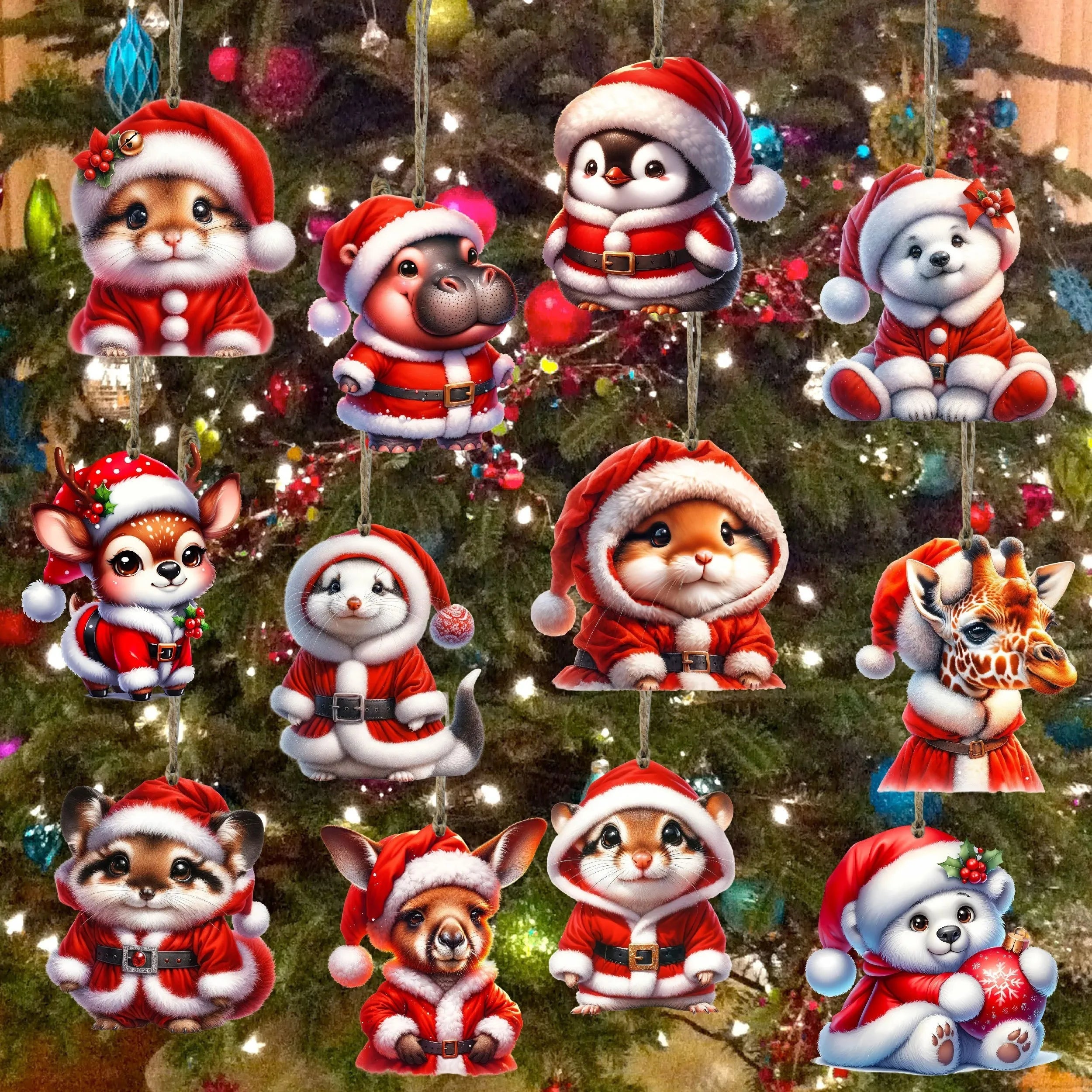 12 Stück Weihnachtsschmuck aus Holz, handgefertigte Weihnachtsmann-Tierbaumschmuck, hängende Charms für Weihnachtsferien