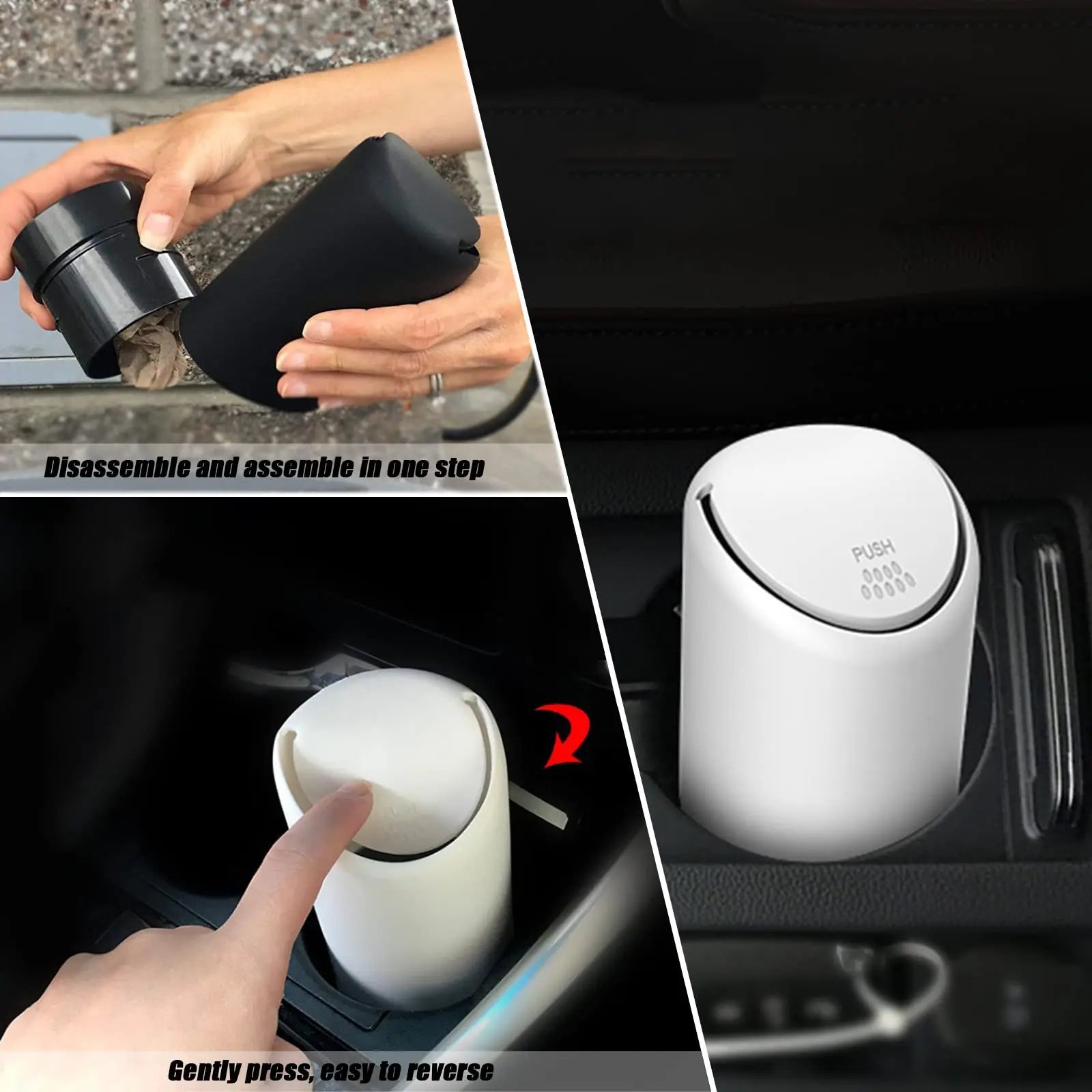 Untior Auto-Mülleimer mit Silikon-Druckverschluss – ABS, rund, Schwarz oder Weiß, 1 oder 2 Stück