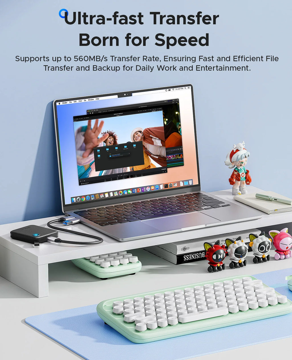 ORICO Tragbare SSD mit 2-in-1-USB-C-Kabel, externen Solid-State-Laufwerke, bis zu 460 MB/s für iPhone 14 13 11 12 X IPad PC