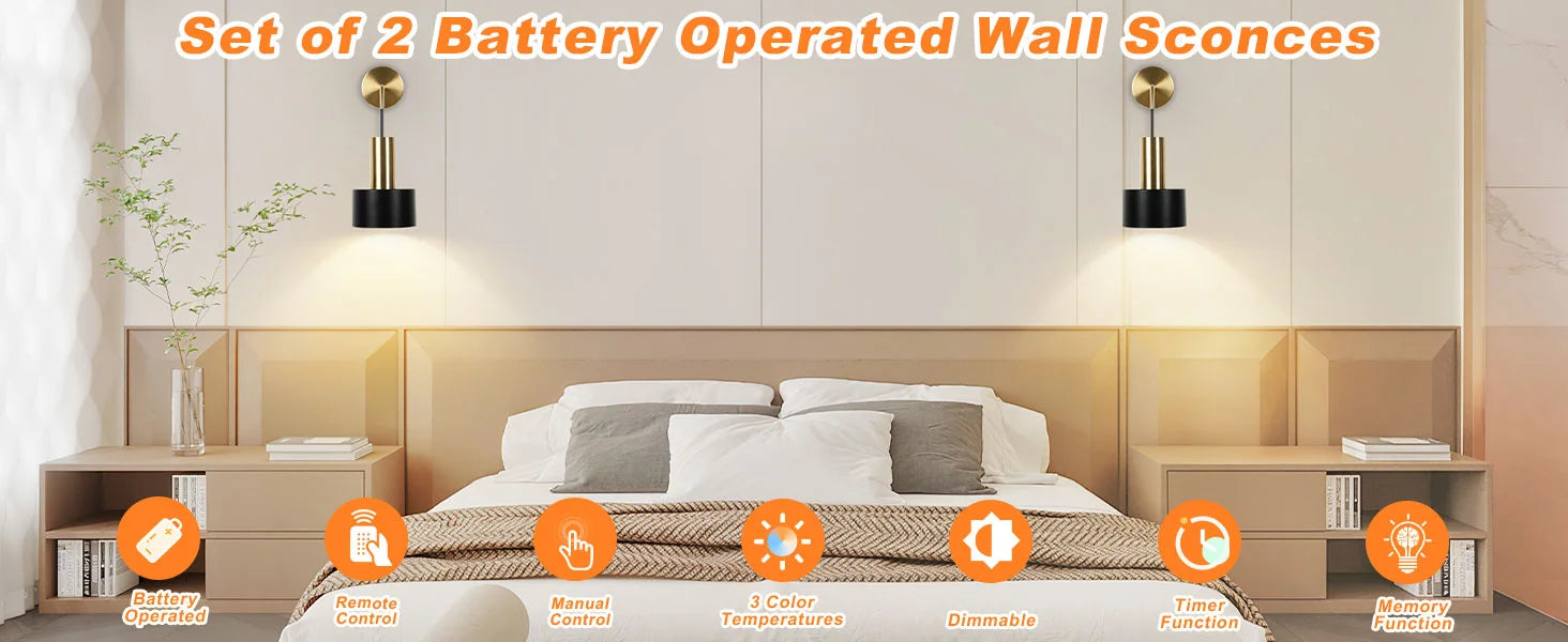 2er-Set batteriebetriebene Wandleuchten, kabellose Wandleuchten mit Fernbedienung, moderne dimmbare Wandleuchten für Schlafzimmer und Wohnzimmer