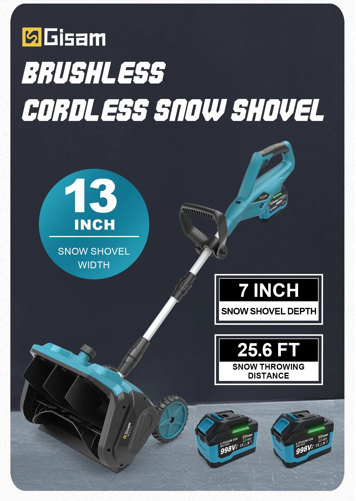 Gisam Akku-Schneepflug, bürstenlos, 33 cm Arbeitsbreite, kabellos, für Straßen und Höfe, kompatibel mit Makita 18V Akkus