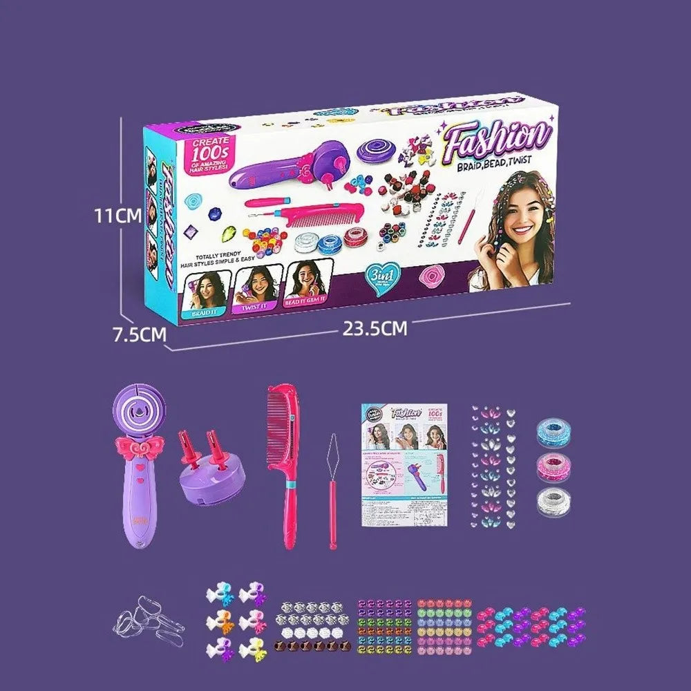 3-in-1 Elektrisches Haar-Flechtgerät – Automatisch, Glitzer & Perlen, Rollenspiel, Kinder-Geschenk