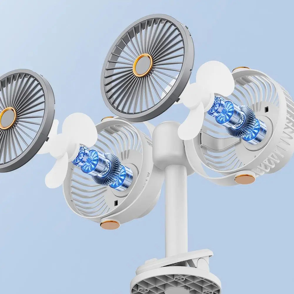 Doppelkopf-Tischventilator mit Clip, USB-Akku 1200 mAh – 5 Stufen, 360° verstellbar