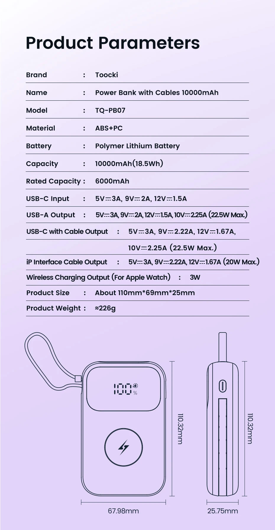 Toocki PowerBank 10000 mAh Tragbare PD 22,5 W Schnelllade-Powerbank für iPhone 16 15 14 13 12 Apple Watch Mobile Externer Akku