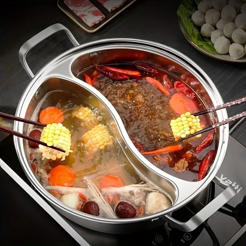Abgedeckter 12,2-Zoll-Hot Pot mit zwei Geschmacksrichtungen, integrierter Mandarin-Enten-Topf, verdickter chinesischer Hotpot für den Heimgebrauch, Edelstahl, doppelt
