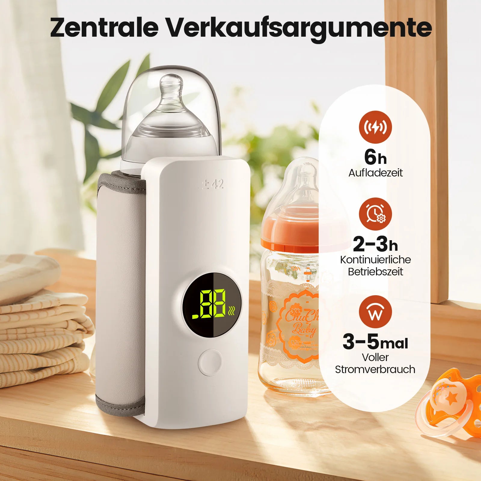 Rbefeuly Tragbarer Flaschenwärmer 6000mAh – USB, 48h Warmhalten, Temperaturkontrolle, Weiß