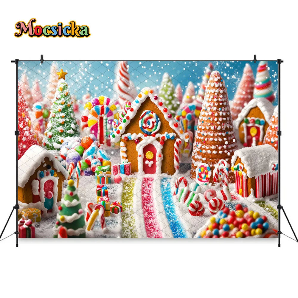 Mocsicka Weihnachten Lebkuchenhaus Fotografie Hintergrund verschneite Weihnachtsbaum Zuckerstangen Hintergrund Winter Urlaub Party Photozone
