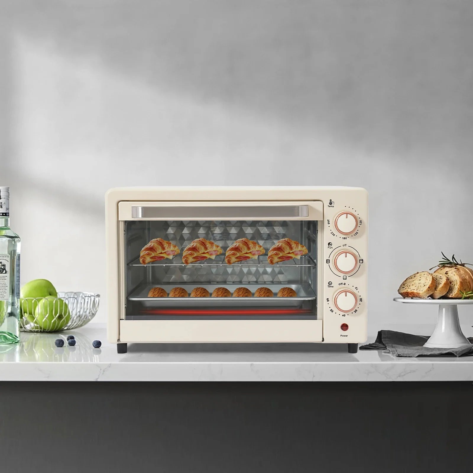 22-Liter-Miniofen kompakt mit Pizza-Funktion und Sichtfenster, 120 ° C bis 250 ° C, 60-Minuten-Timer, 1000 Watt, in Weiß