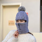 Damen-Woll-Strick Mütze, Ski mütze, wind dicht, für Winter, gestrickt, dick, siamesisch, Schal kragen, warm