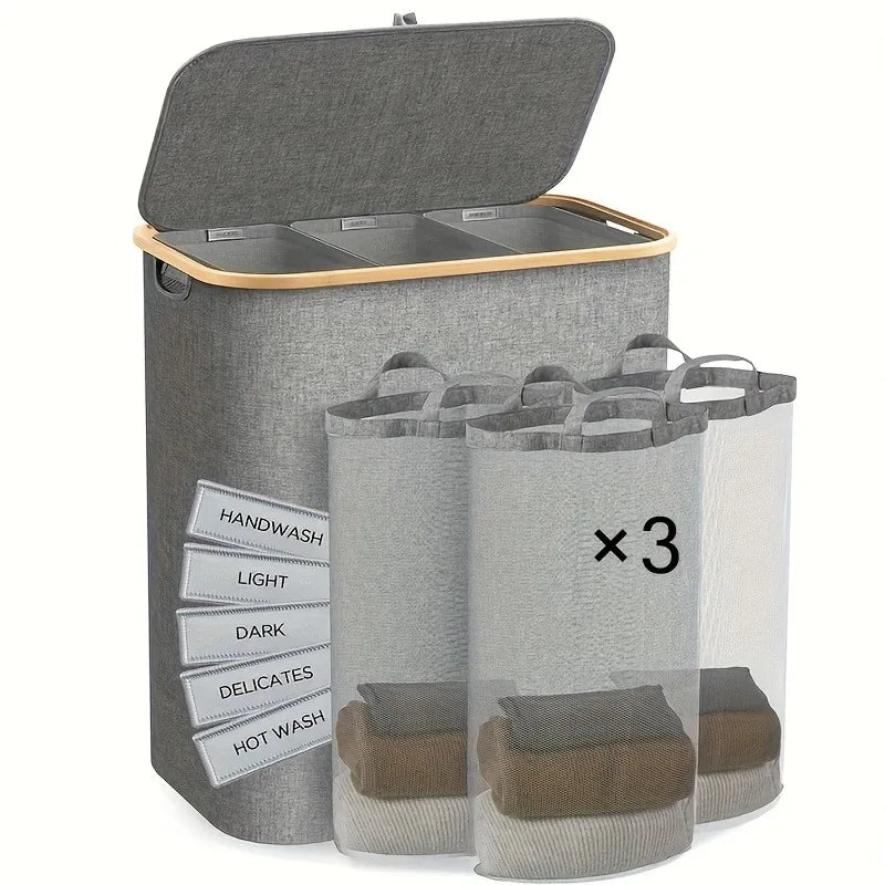 160 l extra großer Wäschekorb mit Deckel, 3 Gitter, Innentaschen, Wäschekorb, Griffe, Klassifizierungsetiketten, faltbarer Wäschekorb