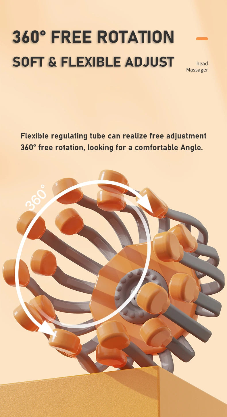 20 Massageköpfe Orange Kopfhaut Kopfmassagegerät Rotlicht Vibrator Octopus Scratcher zur Entspannung Stress Migräne