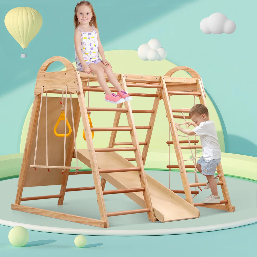 7-in-1 Multifunktionales Klettergerüst aus Holz mit Rutsche und Schaukel, Kletterleiter/Netz/Steinen, Indoor-Spielplatzspielzeug für Kinder ab 3 Jahren