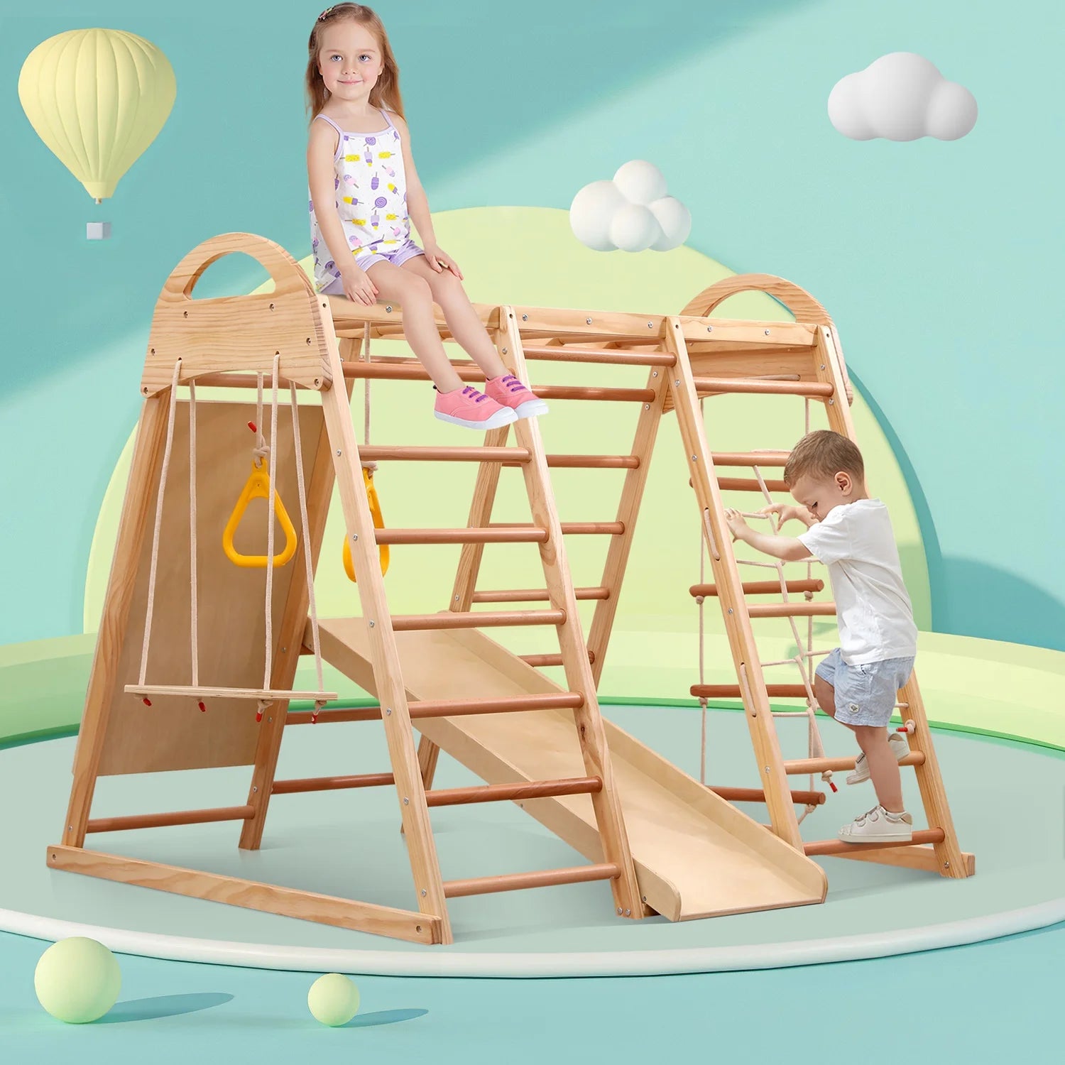 7-in-1 Multifunktionales Klettergerüst aus Holz mit Rutsche und Schaukel, Kletterleiter/Netz/Steinen, Indoor-Spielplatzspielzeug für Kinder ab 3 Jahren