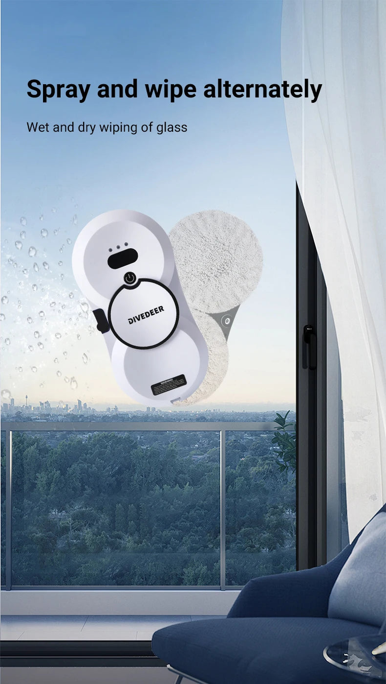 DIVEDEER Weißer/schwarzer Fensterputzroboter, elektrischer Fensterputz mit hoher Saugkraft, doppelseitiger Glasstaubsauger, Wasserspray