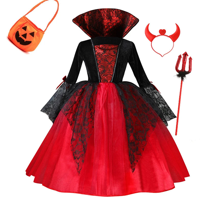 Halloween Kostüm Mädchen – Vampir-Teufel-Prinzessin, Schwarz-Rotes Tüllkleid mit Zubehör
