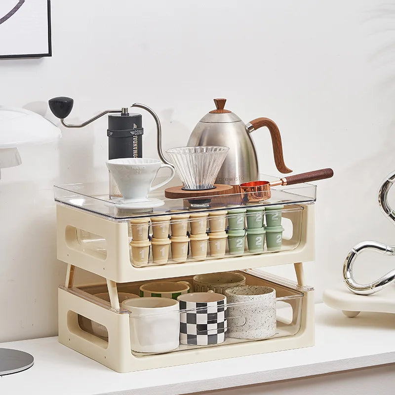 PVC-Kaffeestations-Organizer mit mehreren Schubladen, ausgestattet mit Aufbewahrungsmöglichkeiten für Tassen und Snacks sowie Fächern für Teebeutel – ideal für Küchenarbeitsplatten