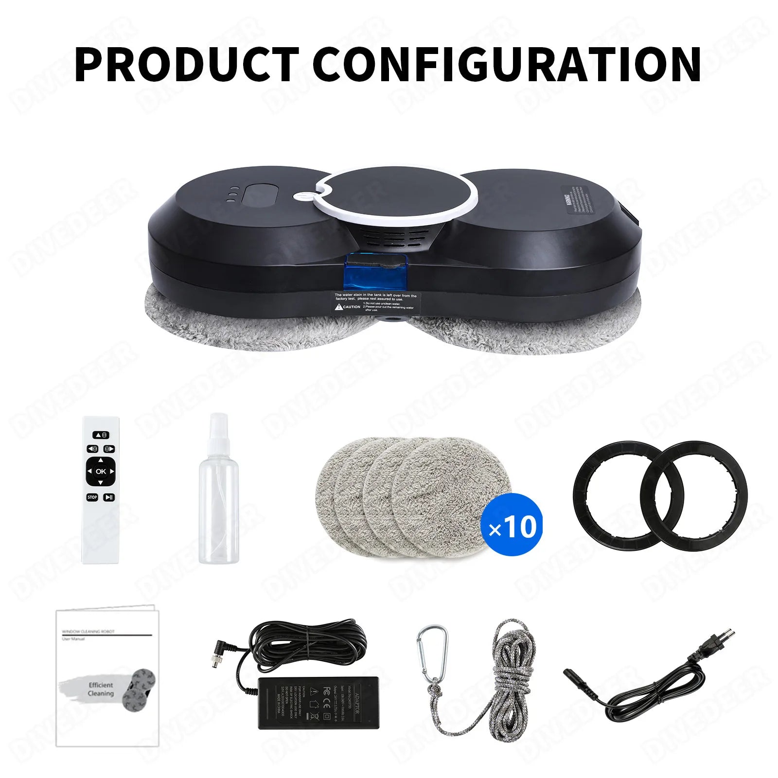 DIVEDEER Weißer/schwarzer Fensterputzroboter, elektrischer Fensterputz mit hoher Saugkraft, doppelseitiger Glasstaubsauger, Wasserspray