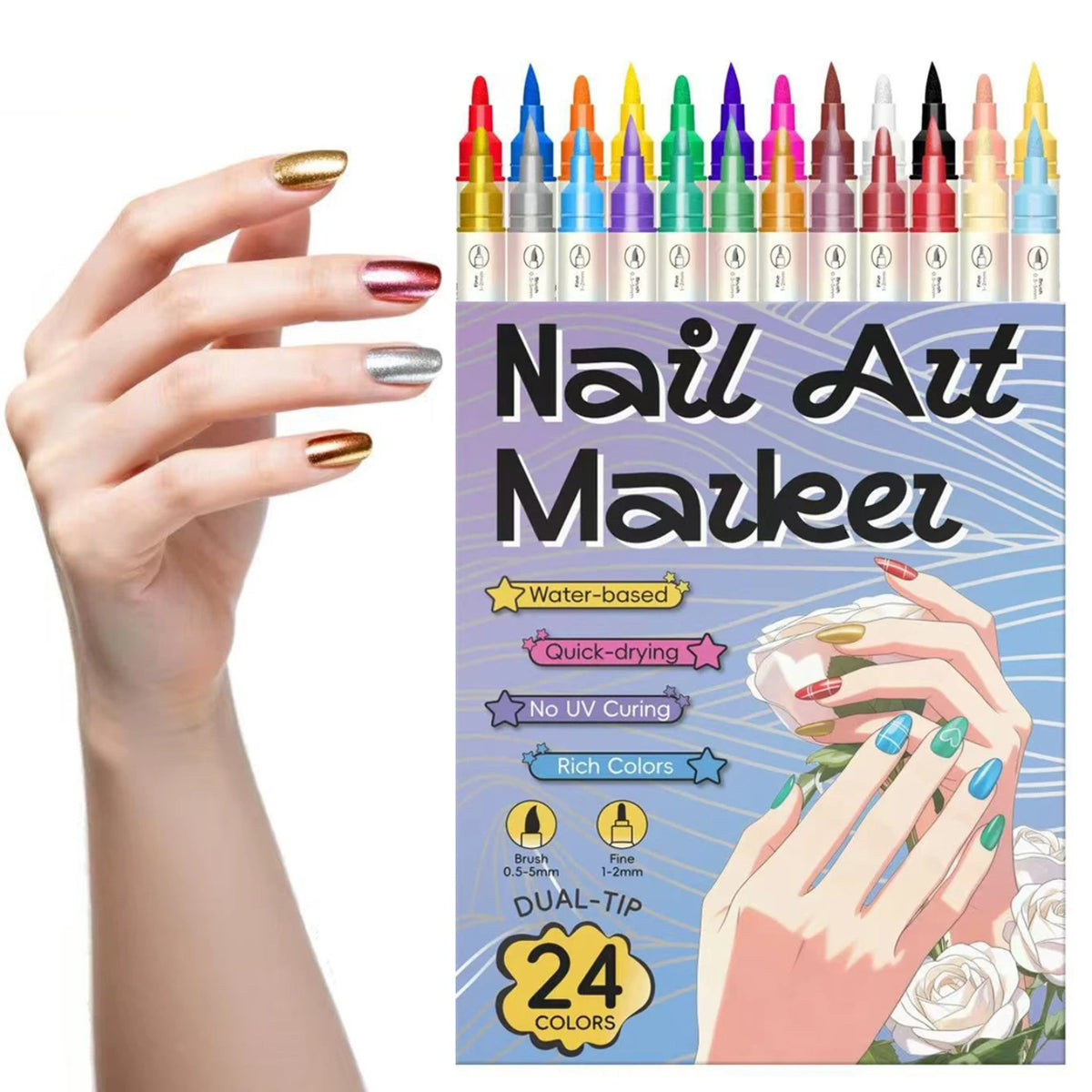 Nail-Art-Graffiti-Stift-Set Doppelkopf – Acryl, Schnelltrocknend, Metallic-Farben | 12 & 24 Farben | Pointillismus & Nageldesign