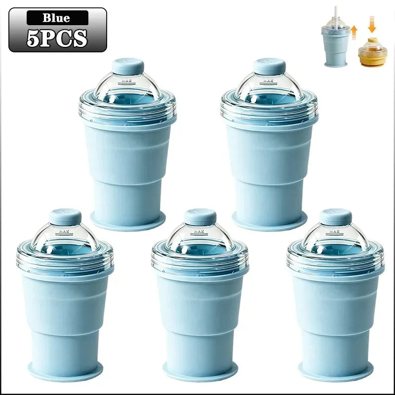2-in-1 Faltbarer Silikon-Eiskugelbecher mit Strohhalm - Auslaufsicher, Lebensmittelecht, FCM | Kaffee, Saft & Smoothies | 1 & 5 Stueck