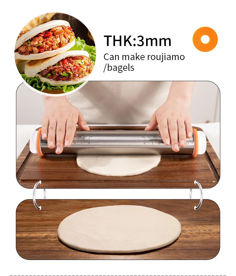 13,78 Zoll verstellbarer Nudelholz aus Edelstahl mit 4 abnehmbaren Ringen, Teigroller für Pizza-Keks-Backwerkzeuge