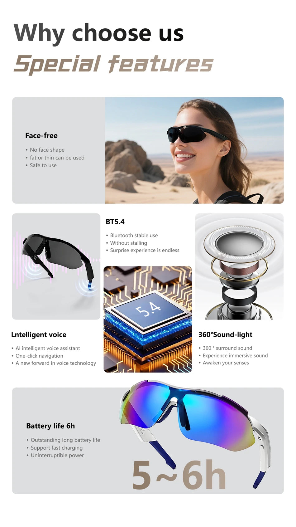 Intelligente Bluetooth-Brille zum Musikhören, Telefonanrufe, Radfahren, Sport, Kopfhörer, UV-Schutz, Intelligenz, Sonnenbrille für Männer und Frauen