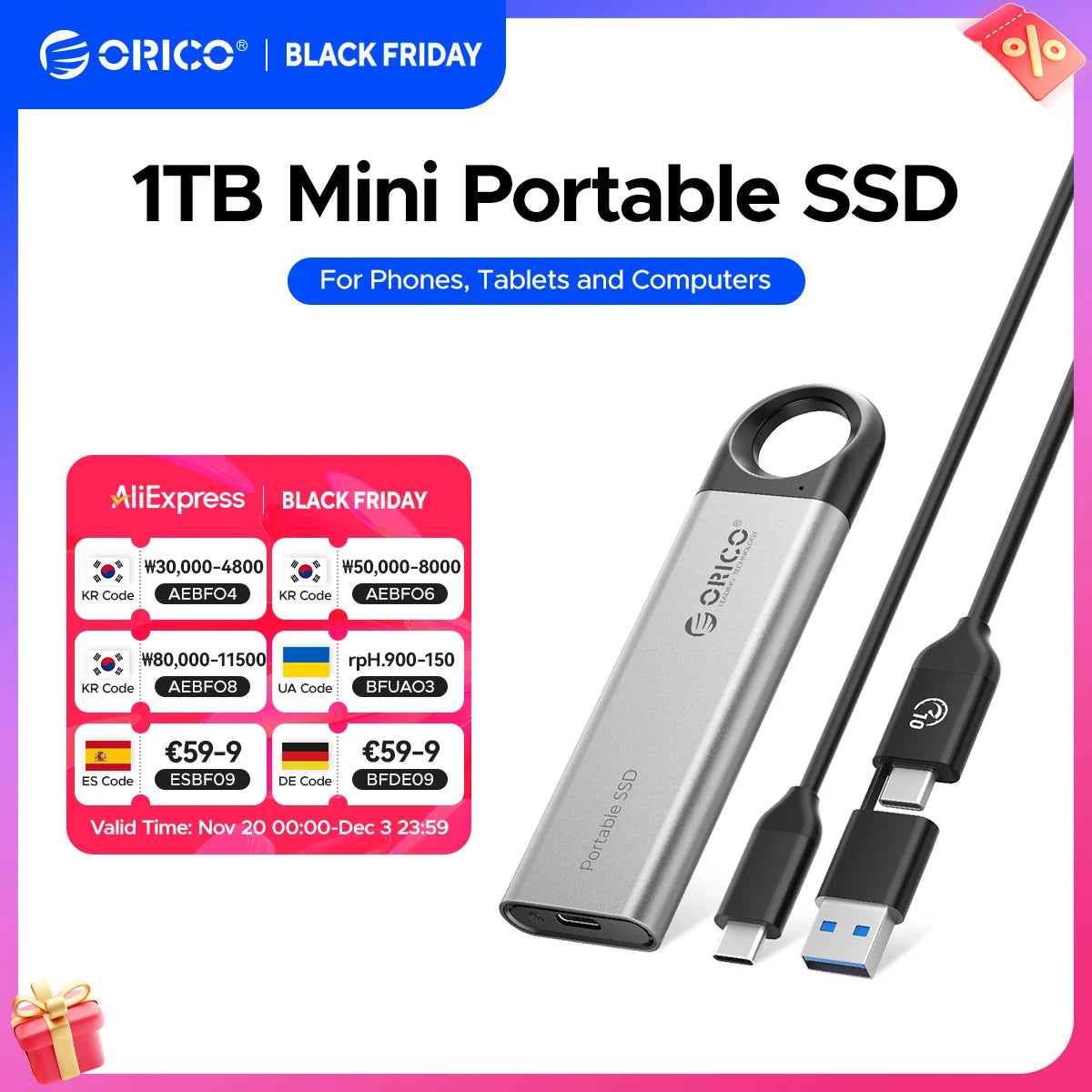 ORICO 1 TB externe SSD bis zu 1050 MB/s Design zum Aufhängen, tragbares Solid-State-Laufwerk, PSSD für Tablets, Laptops, C10