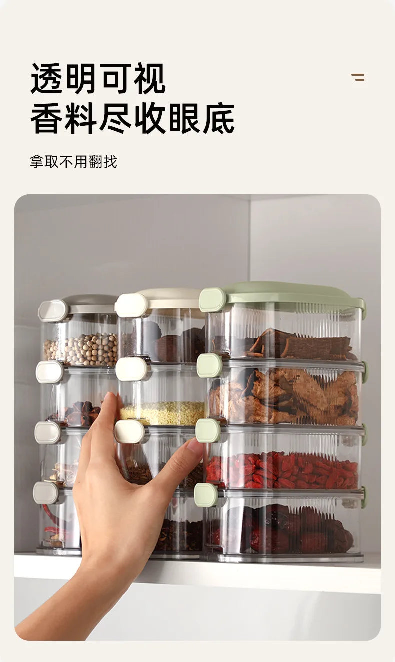 Mehrschichtige Gewürz-Aufbewahrungsbox, tragbar, kleine All-In-One-Zange, Küche, transparente Gewürze, Bohnen, Nüsse, Körner, Vorratsgläser