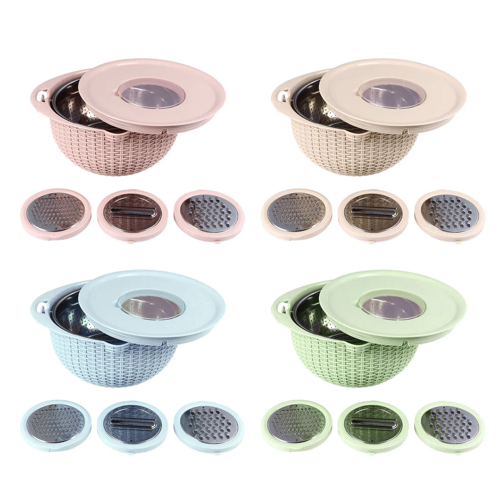 4-in-1-Siebschüssel mit Schneidwerkzeugen, drehbares Sieb, 2-lagiger ergonomischer Griff, vielseitige Gemüsewaschschüssel