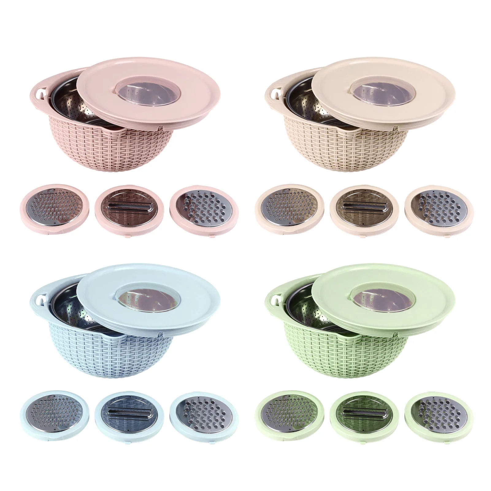 4-in-1-Siebschüssel mit Schneidwerkzeugen, drehbares Sieb, 2-lagiger ergonomischer Griff, vielseitige Gemüsewaschschüssel