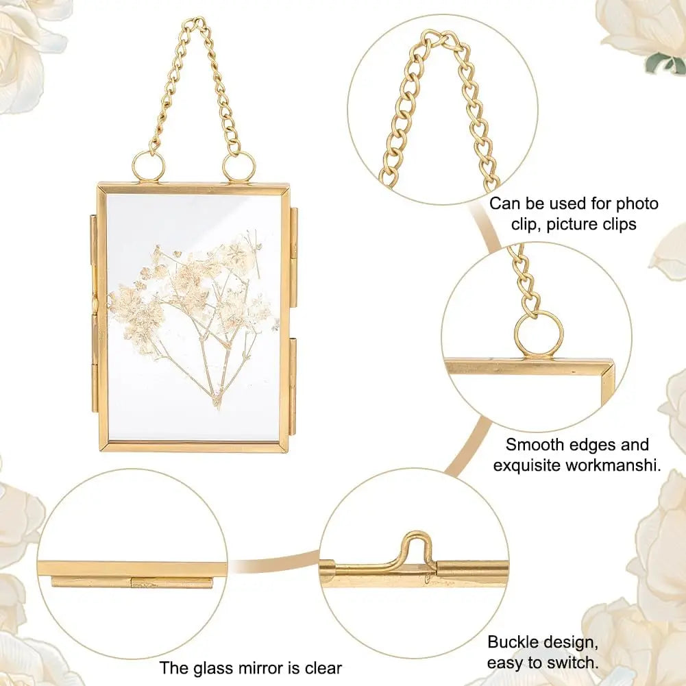2 Stile Mini-Fotorahmen zum Aufhängen, doppelter Glas-Schwimmrahmen mit Kette, goldfarbener Klapprahmen, Kunstwerk-Ausstellungsrahmen für gepressten