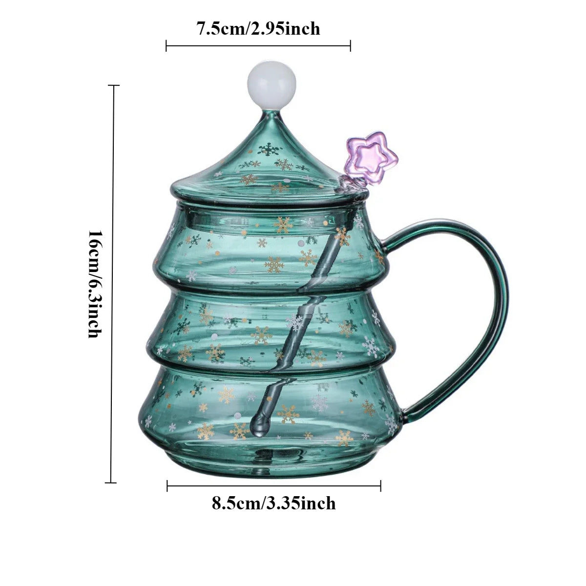 Kreativer Weihnachtsbaum aus Glas, Weihnachtstasse mit Deckel, isolierte Kaffeetasse aus Glas