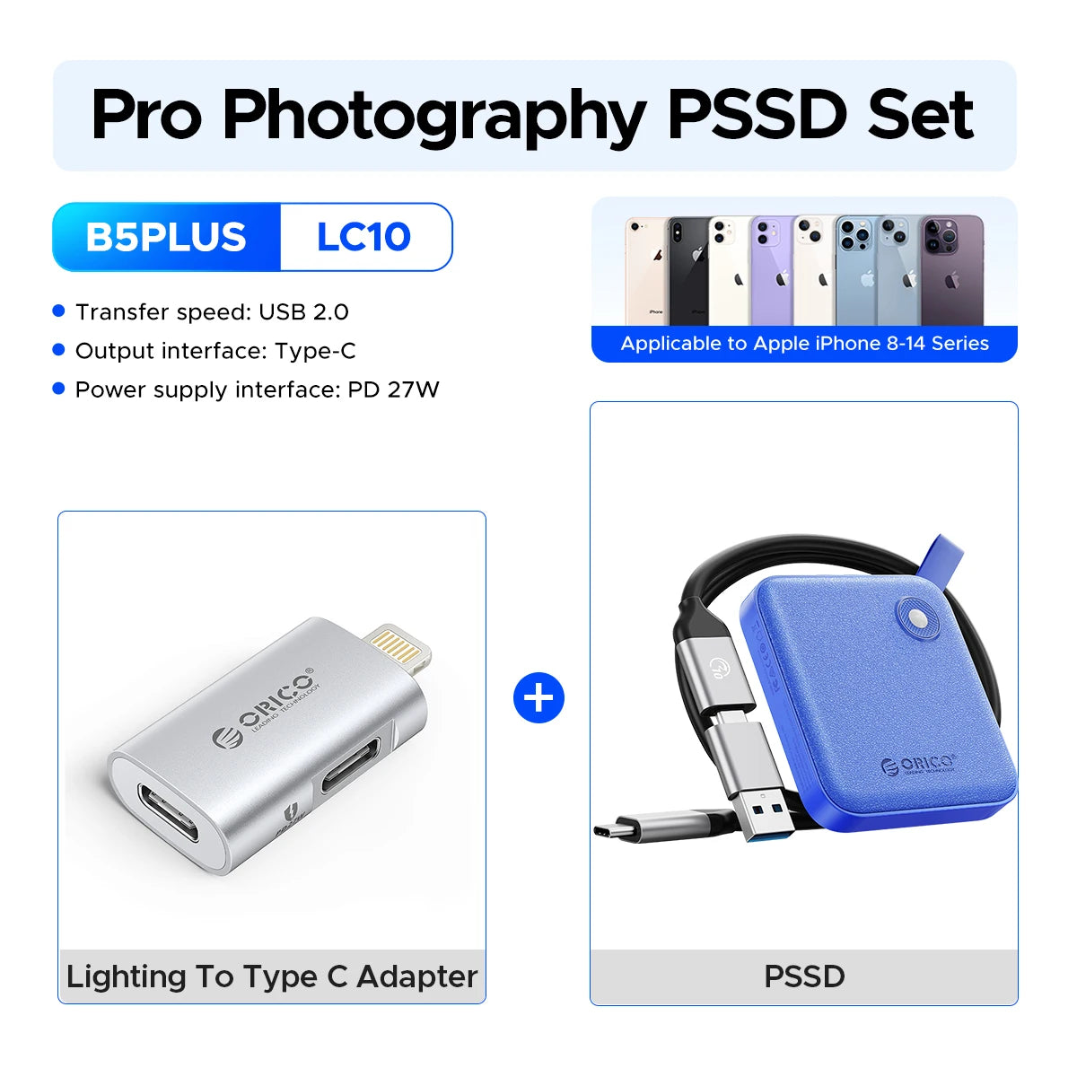 ORICO Tragbare SSD mit 2-in-1-USB-C-Kabel, externen Solid-State-Laufwerke, bis zu 460 MB/s für iPhone 14 13 11 12 X IPad PC