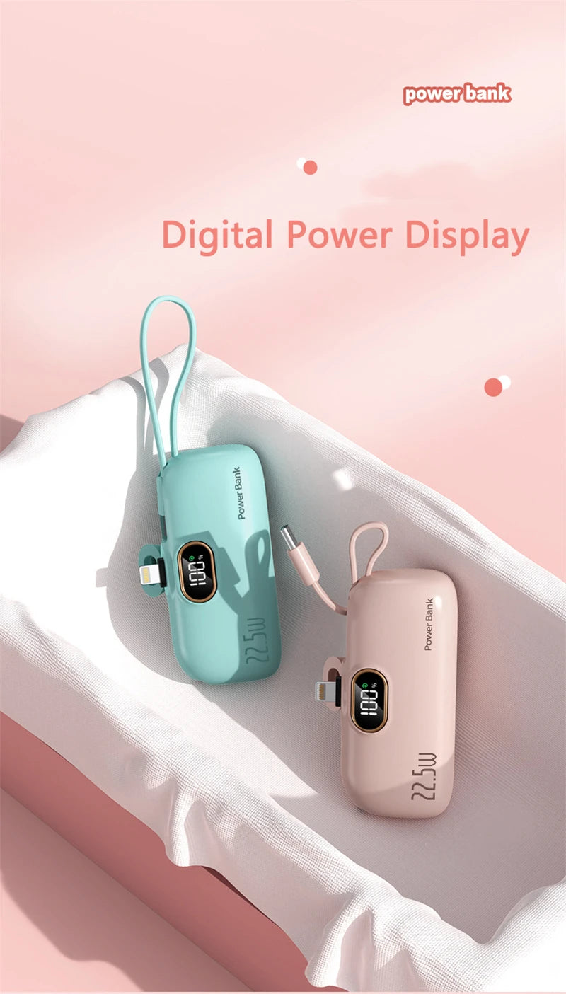 Tragbare Mini-Kapsel-Powerbank, integriertes Kabel, Typ-C-Stecker, 22,5 W, schnelles Aufladen für iPhone, Samsung, Xiaomi, externer Ersatzakku