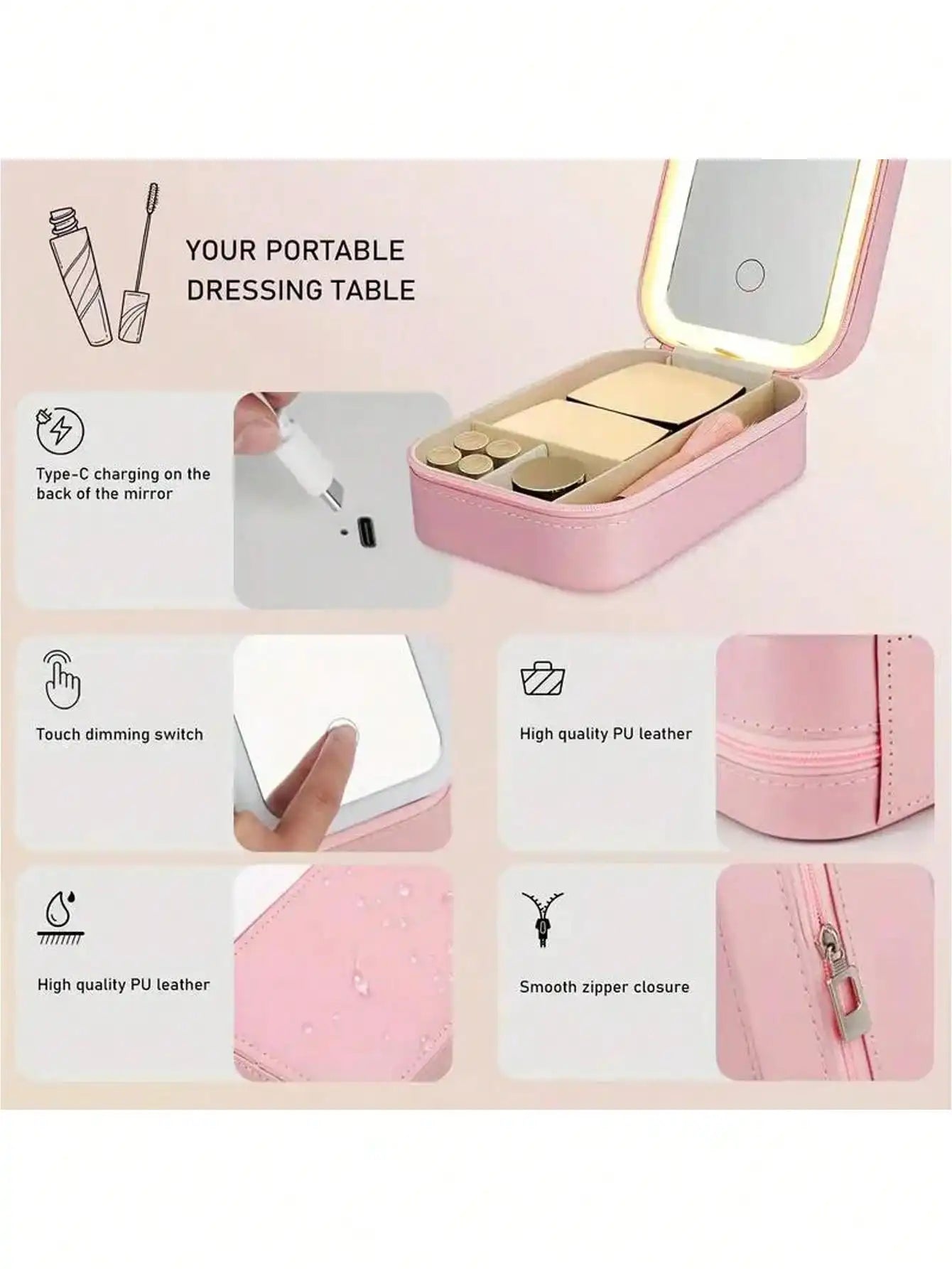 LED-beleuchtete Make-up-Tasche mit Spiegel – wiederaufladbarer Reise-Kosmetik-Organizer, verstellbare 3-Farben-Beleuchtung, Schmuckaufbewahrungskoffer