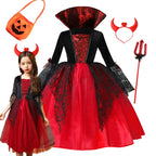Halloween Kostüm Mädchen – Vampir-Teufel-Prinzessin, Schwarz-Rotes Tüllkleid mit Zubehör