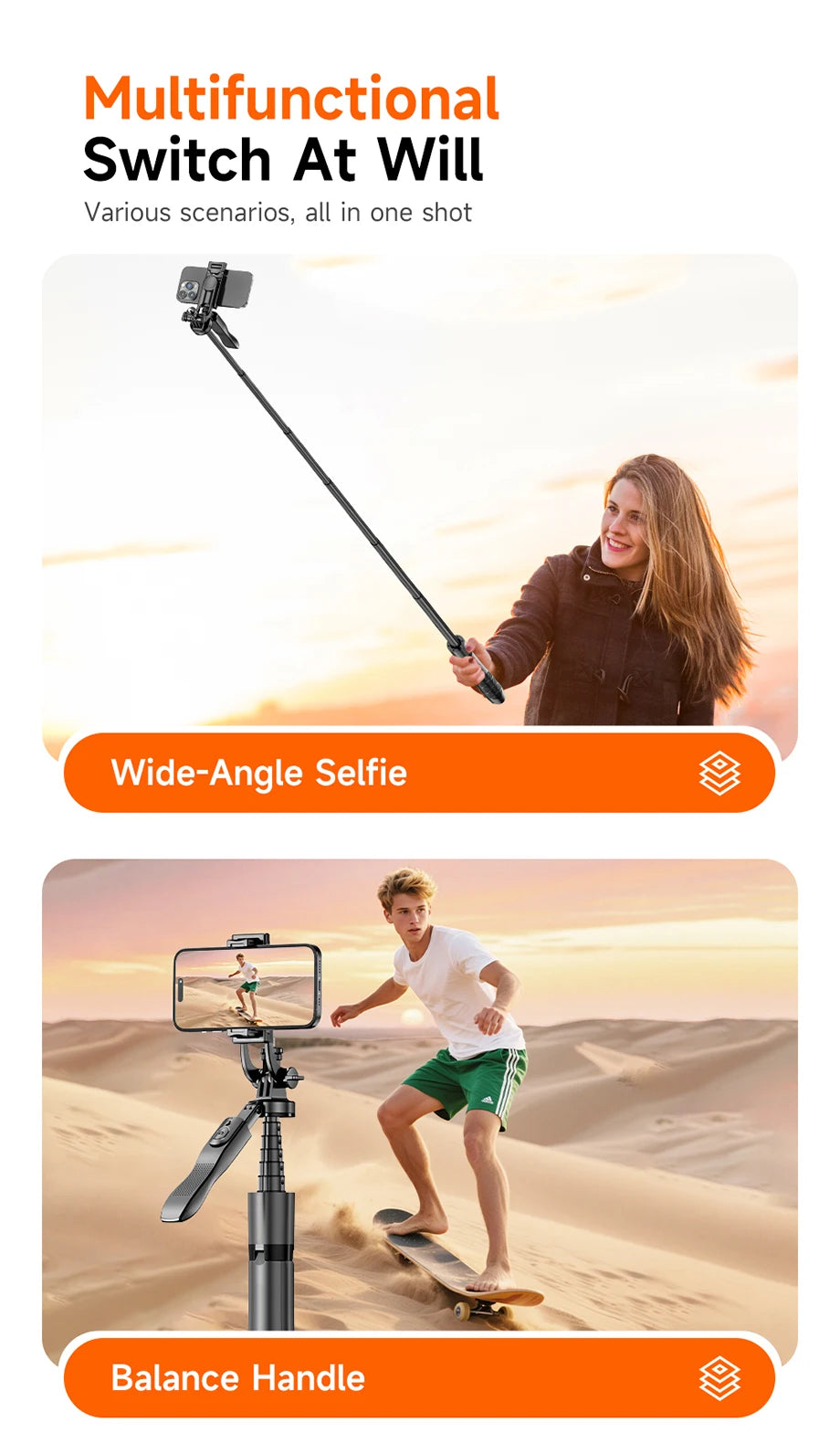 LISCN L16TT Selfie Stick Stativ – 1,8m ausfahrbar, Bluetooth, 360° drehbar | Faltbares Stativ